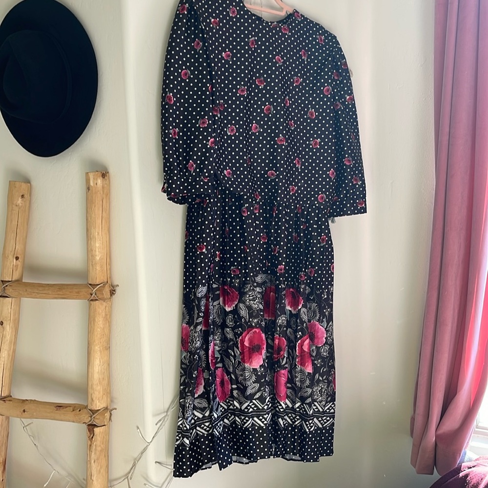 Vintage polyester, rose, print, midi dress